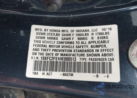 2017 Honda Civic Lx из США, поврежденный, VIN 19XFC2F51HE000513